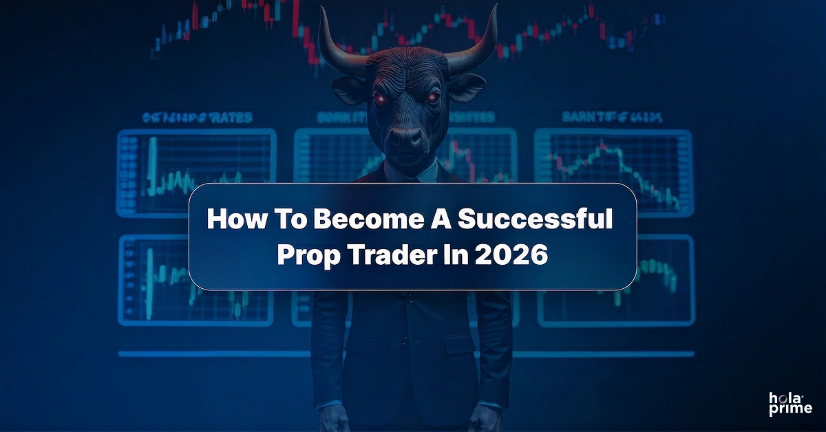 Illustration of a person in a suit wearing a bull mask, standing in front of multiple trading charts with candlestick patterns. Text overlay reads: 'How To Become A Successful Prop Trader In 2025.' Hola Prime logo in the bottom right corner